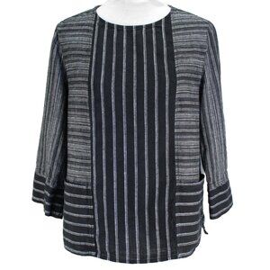 Habitat Linen Blend Top Womens M Black Gray Stripe 3/4 Sleeve Pullover Pockets